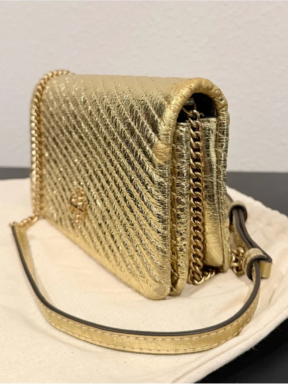 ✨ Tory Burch Kira Metallic Moto Gold Quilted Chain Clutch Wallet Crossbody Bag